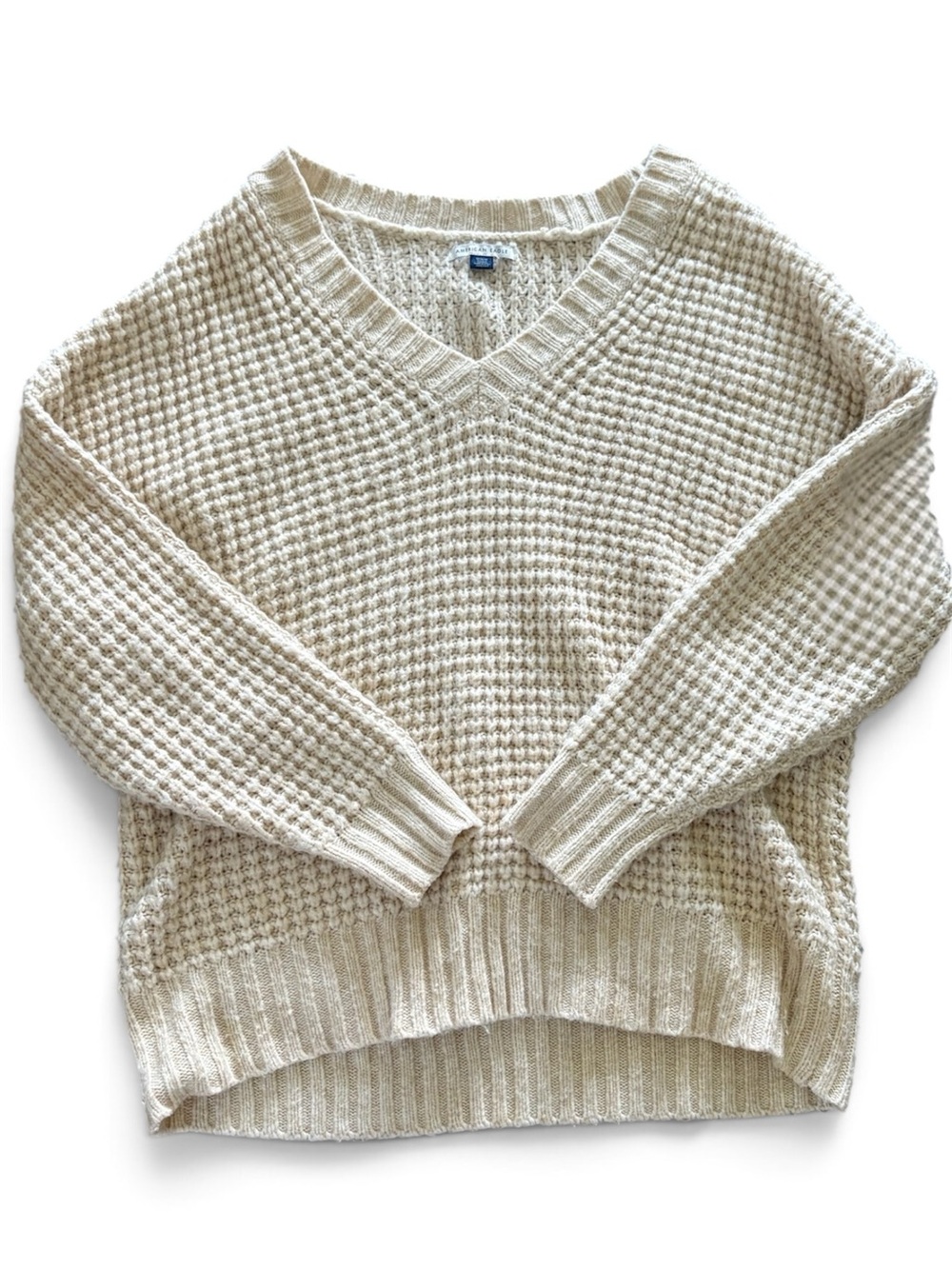 American Eagle Outfitters Cream Waffle V-Neck Sweater